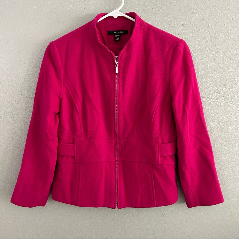 Louben Wool Cashmere Full Zip Jacket Blazer Women’s Sz 8 Hot Pink Silver Buckles